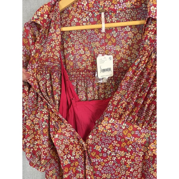 Free People L Bonnie Dark Pink Floral Mini Dress Empire Waist Boho‎ Prairie NEW - Picture 12 of 16